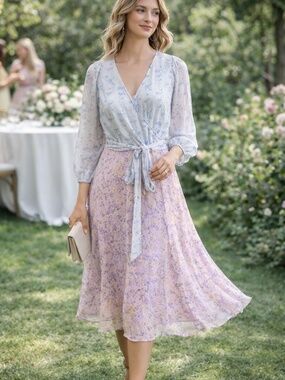 Ann Taylor Floral Wrap Midi Dress Blue Lavender Yellow - Multiple Sizes